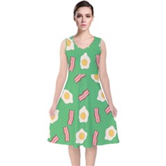 Bacon And Egg Pop Art Pattern V-neck Midi Sleeveless Dress  by Valentinaart