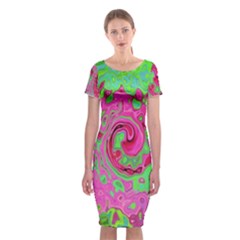 Groovy Abstract Green And Red Lava Liquid Swirl Classic Short Sleeve Midi Dress by myrubiogarden