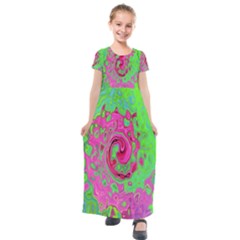 Groovy Abstract Green And Red Lava Liquid Swirl Kids  Short Sleeve Maxi Dress by myrubiogarden