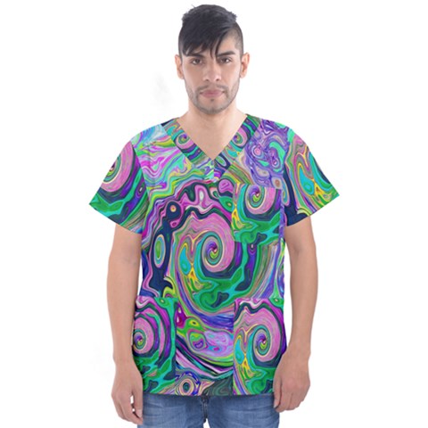 Groovy Abstract Aqua And Navy Lava Liquid Swirl Men s V-neck Scrub Top by myrubiogarden