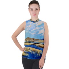 The Landscape Water Blue Painting Mock Neck Chiffon Sleeveless Top by Pakrebo