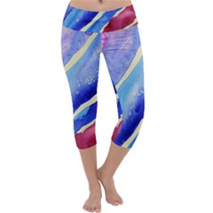 Painting Abstract Blue Pink Spots Capri Yoga Leggings by Pakrebo