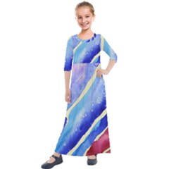 Painting Abstract Blue Pink Spots Kids  Quarter Sleeve Maxi Dress by Pakrebo