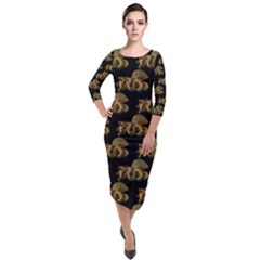 Dragon Motif Print Pattern Quarter Sleeve Midi Velour Bodycon Dress by dflcprintsclothing