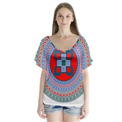 Design Circular Aztec Symbol V-neck Flutter Sleeve Top by Pakrebo