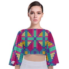 Checkerboard Squares Abstract Tie Back Butterfly Sleeve Chiffon Top by Pakrebo