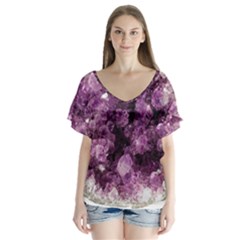 Amethyst Purple Violet Geode Slice V-neck Flutter Sleeve Top by genx