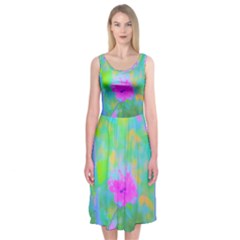 Pink Rose Of Sharon Impressionistic Blue Landscape Garden Midi Sleeveless Dress by myrubiogarden