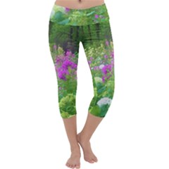 Annabella Hydrangeas And Purple Garden Landscape Capri Yoga Leggings by myrubiogarden