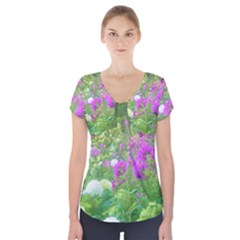 Annabella Hydrangeas And Purple Garden Landscape Short Sleeve Front Detail Top by myrubiogarden