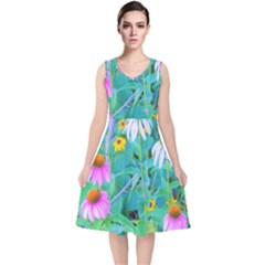 White And Purple Coneflowers And Yellow Rudbeckia V-neck Midi Sleeveless Dress  by myrubiogarden