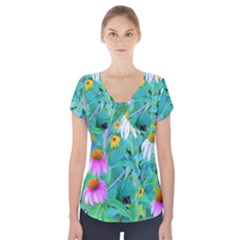 White And Purple Coneflowers And Yellow Rudbeckia Short Sleeve Front Detail Top by myrubiogarden