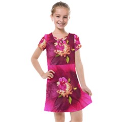 Deep Pink And Crimson Hibiscus Flower Macro Kids  Cross Web Dress by myrubiogarden