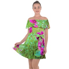 Impressionistic Purple Peonies With Green Hostas Off Shoulder Velour Dress by myrubiogarden