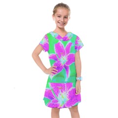 Hot Pink Stargazer Lily On Turquoise Blue And Green Kids  Drop Waist Dress by myrubiogarden