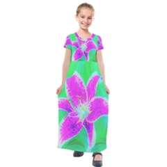 Hot Pink Stargazer Lily On Turquoise Blue And Green Kids  Short Sleeve Maxi Dress by myrubiogarden