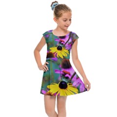 Yellow Flowers In The Purple Coneflower Garden Kids  Cap Sleeve Dress by myrubiogarden