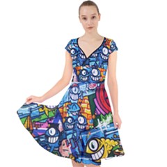 Graffiti Urban Colorful Graffiti Cartoon Fish Cap Sleeve Front Wrap Midi Dress by genx