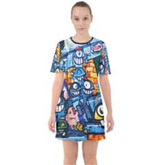 Graffiti Urban Colorful Graffiti Cartoon Fish Sixties Short Sleeve Mini Dress by genx