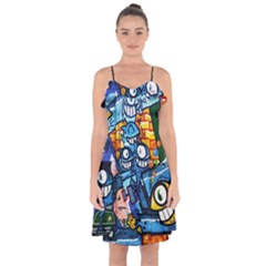 Graffiti Urban Colorful Graffiti Cartoon Fish Ruffle Detail Chiffon Dress by genx