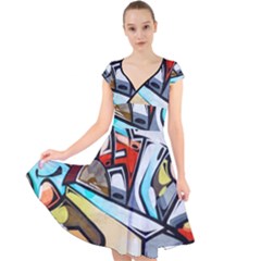 Blue Face King Graffiti Street Art Urban Blue And Orange Face Abstract Hiphop Cap Sleeve Front Wrap Midi Dress by genx