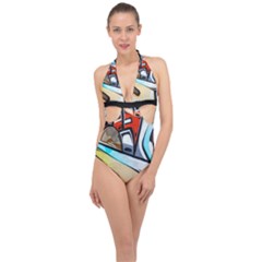 Blue Face King Graffiti Street Art Urban Blue And Orange Face Abstract Hiphop Halter Front Plunge Swimsuit by genx