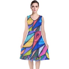 Urban Colorful Graffiti Brick Wall Industrial Scale Abstract Pattern V-neck Midi Sleeveless Dress  by genx