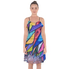 Urban Colorful Graffiti Brick Wall Industrial Scale Abstract Pattern Ruffle Detail Chiffon Dress by genx