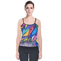 Urban Colorful Graffiti Brick Wall Industrial Scale Abstract Pattern Velvet Spaghetti Strap Top by genx