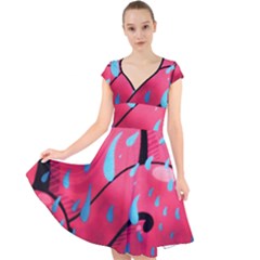 Graffiti Watermelon Pink With Light Blue Drops Retro Cap Sleeve Front Wrap Midi Dress by genx