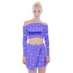 Blue Curved Line Off Shoulder Top With Mini Skirt Set by Mariart