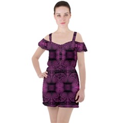 Fractal Magenta Pattern Geometry Ruffle Cut Out Chiffon Playsuit by Pakrebo