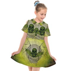 Awesome Creepy Skull With Wings Kids  Short Sleeve Shirt Dress by FantasyWorld7