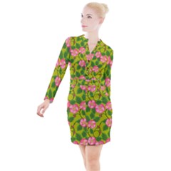 Roses Flowers Pattern Bud Pink Button Long Sleeve Dress by Pakrebo