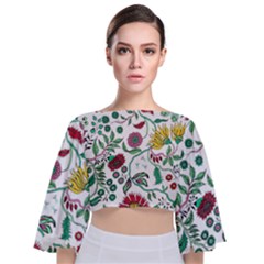 Flowers Garden Tropical Plant Tie Back Butterfly Sleeve Chiffon Top by Pakrebo