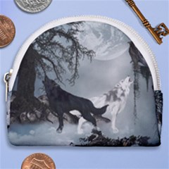 Awesome Black And White Wolf In The Dark Night Horseshoe Style Canvas Pouch by FantasyWorld7