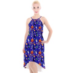 Halloween Treats Pattern Blue High-low Halter Chiffon Dress  by snowwhitegirl