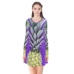 Pineapple Purple Long Sleeve V-neck Flare Dress by snowwhitegirl