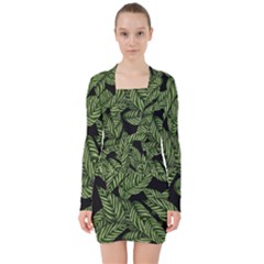 Tropical Leaves On Black V-neck Bodycon Long Sleeve Dress by snowwhitegirl