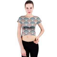 Vintage Scallop Blue Red Pattern Crew Neck Crop Top by snowwhitegirl