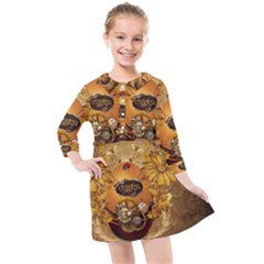 Awesome Steampunk Easter Egg With Flowers, Clocks And Gears Kids  Quarter Sleeve Shirt Dress by FantasyWorld7