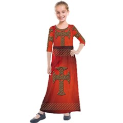 Wonderful Celtic Cross On Vintage Background Kids  Quarter Sleeve Maxi Dress by FantasyWorld7