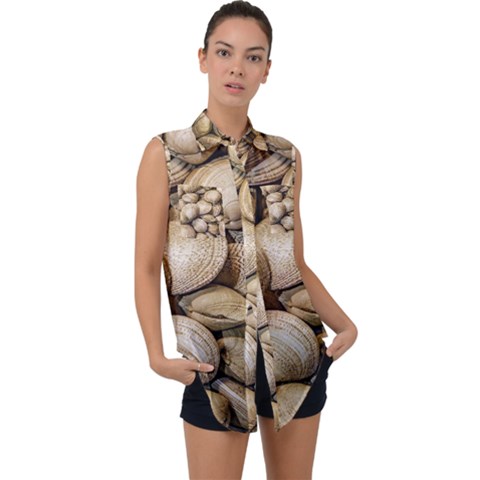 Shellfishs Photo Print Pattern Sleeveless Chiffon Button Shirt by dflcprintsclothing