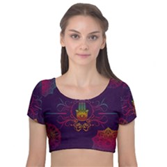 Boho Hamsa Mandala Velvet Short Sleeve Crop Top  by lucia