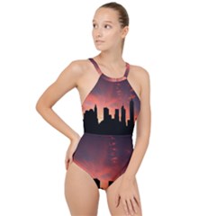 Skyline Panoramic City Architecture High Neck One Piece Swimsuit by Sudhe