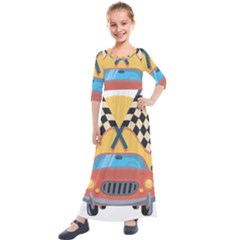 Automobile Car Checkered Drive Kids  Quarter Sleeve Maxi Dress by Sudhe