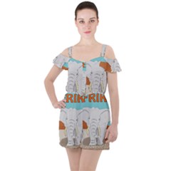 Africa Elephant Animals Animal Ruffle Cut Out Chiffon Playsuit by Sudhe