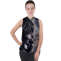 Angry Lion Digital Art Hd Mock Neck Chiffon Sleeveless Top by Sudhe