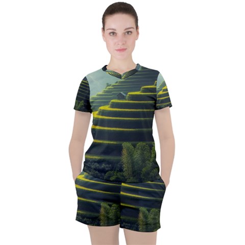 Scenic View Of Rice Paddy Women s Tee And Shorts Set by Sudhe