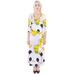 Giant Panda Red Panda Cartoon Drawing Quarter Sleeve Wrap Maxi Dress by Sudhe